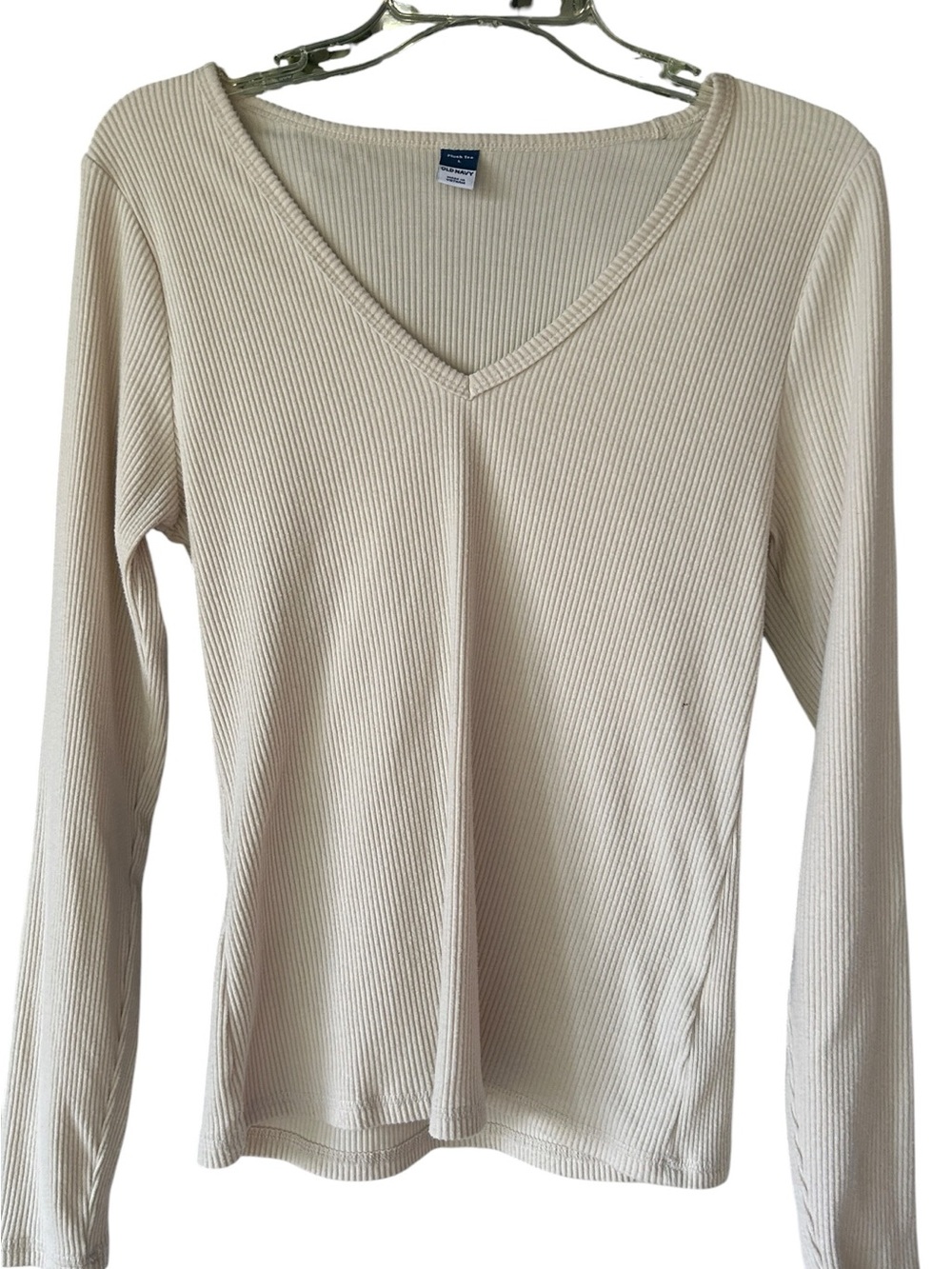Old Navy Cream Ribbed V-Neck Long Sleeve Top large